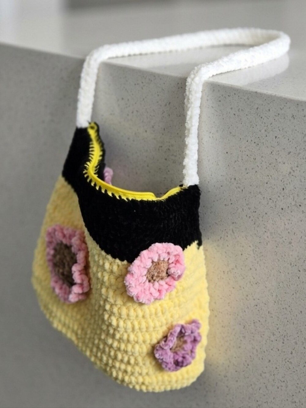 Handmade Yellow & Black Crochet Crossbody Bag with Floral Appliqué - Picture 2 of 4